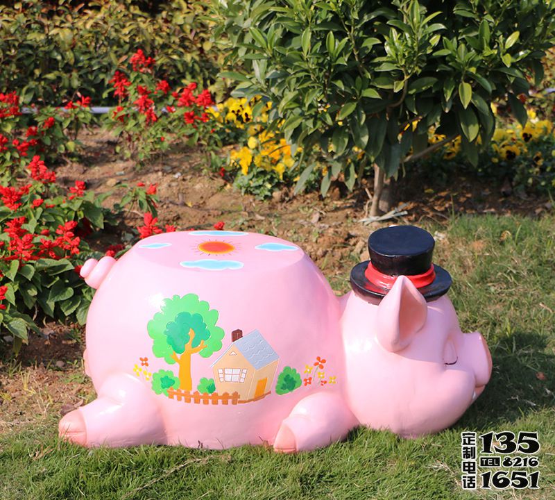 廣場(chǎng)卡通粉紅豬座椅玻璃鋼雕塑裝飾品